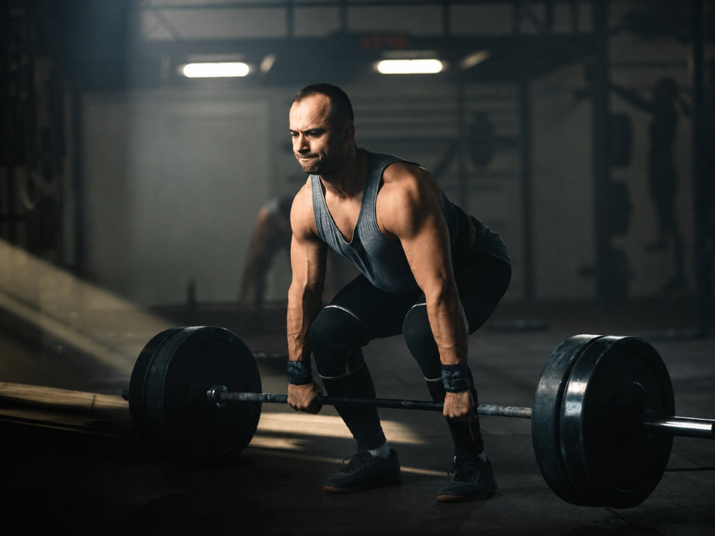 focused man performing heavy deadlift exercise in modern fitness gym