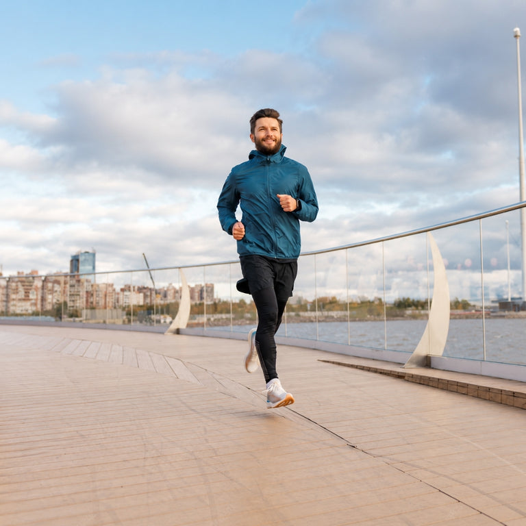 fit man jogging on scenic waterfront path during cloudy day