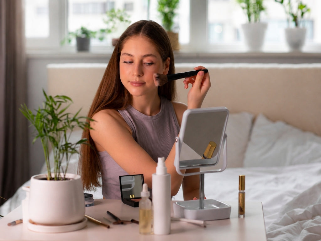 young woman applying makeup with a powder brush in bedroom
