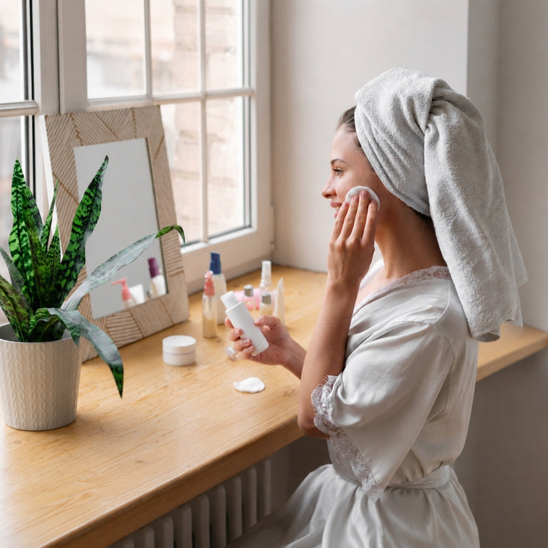 woman with towel on head using cotton pad for skincare